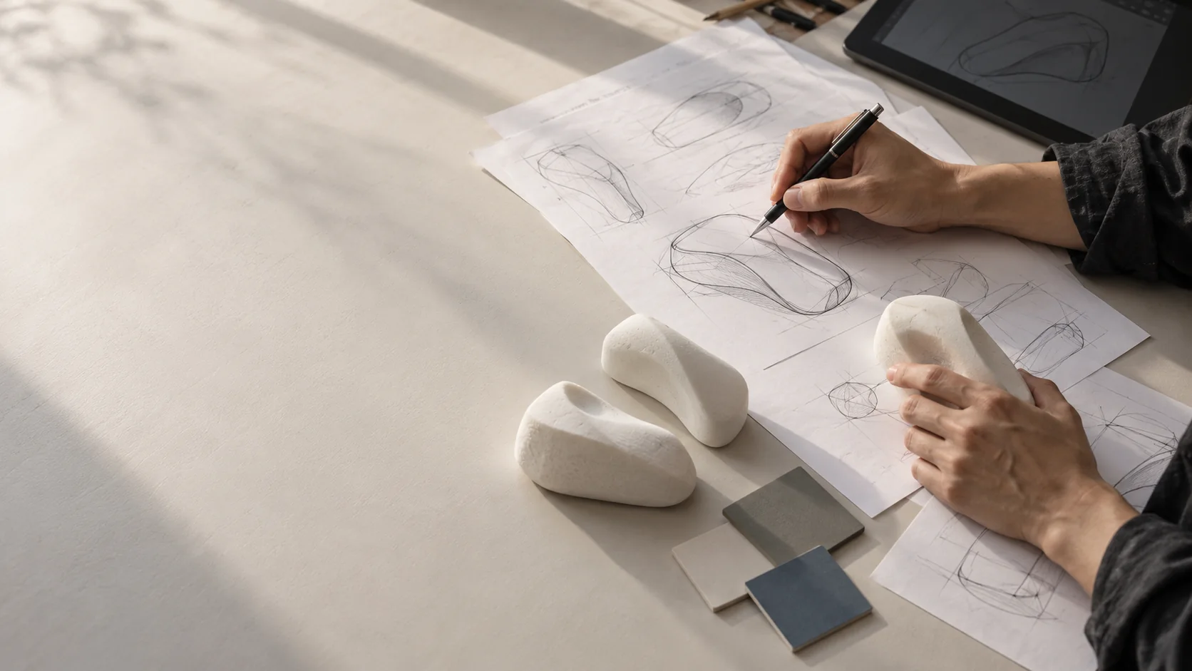 紙とボールペンで形を検討し、フォームモデルに触れる手元。制作イメージ